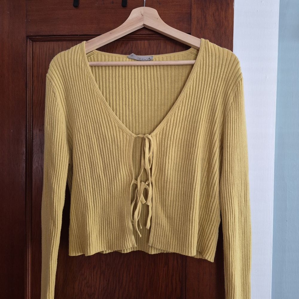 Everlane Ribbed Lace-Up Cropped Cardigan in Mustard Yellow